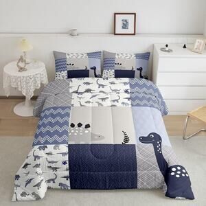 Cute Dinosaur Full Size Comforter Set Blue Gray Grid Bedding Set for Kids Adults